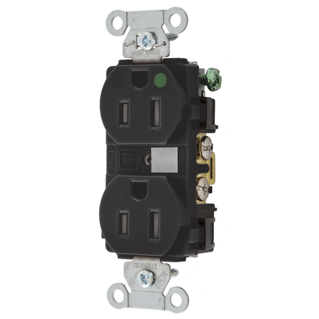 HUBBELL WIRING DEVICE-KELLEMS Straight Blade Devices, Tamper Resistant Duplex Receptacle, Hubbell-Pro, Hospital Grade, 2-Pole 3-Wire Grounding, 15A 125V, 5-15R, Black 8200BKTRA